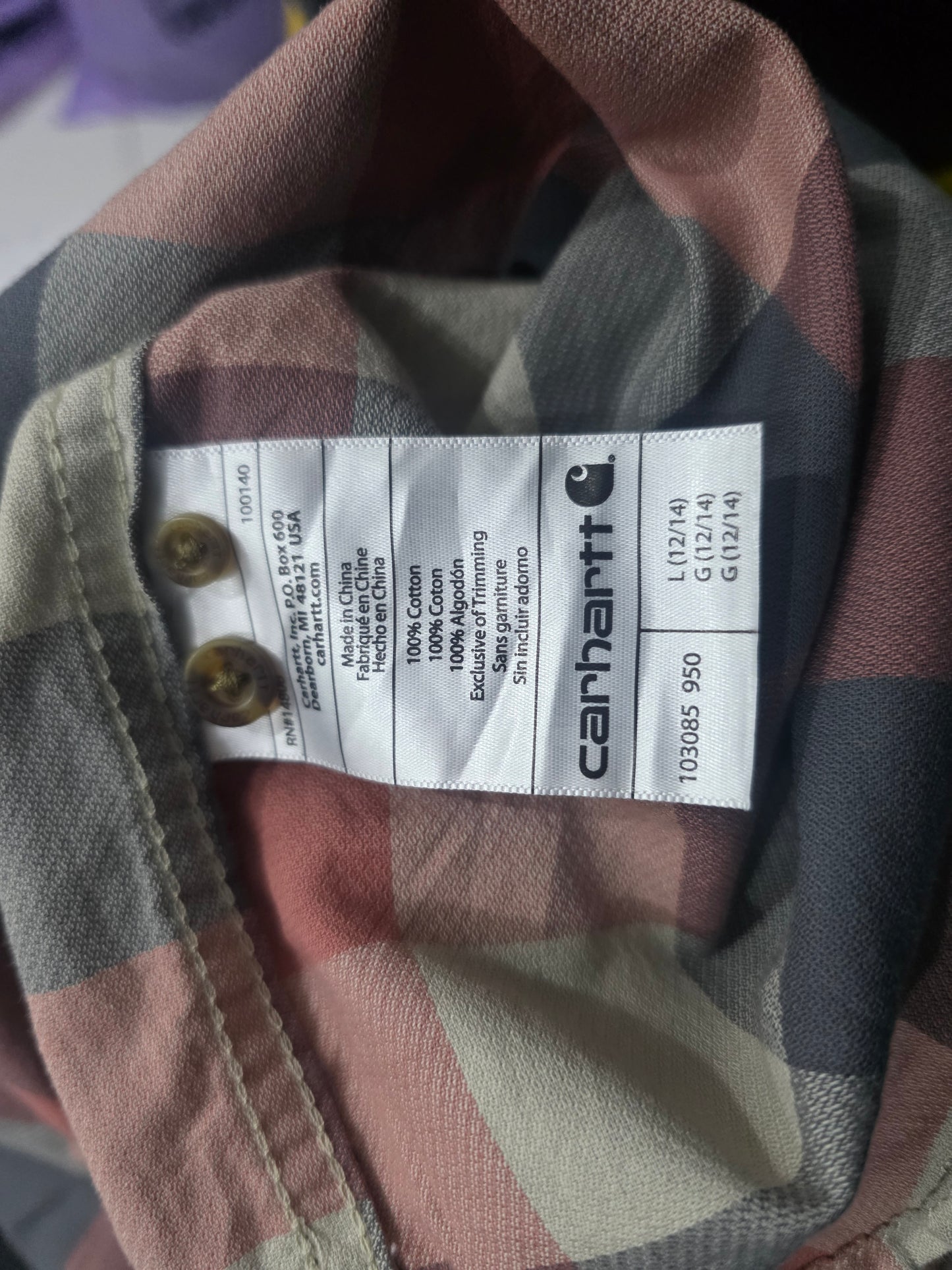 Camisa Carhartt Mujer Grande L 12-14 Cuadro Gris Coral (Usado)