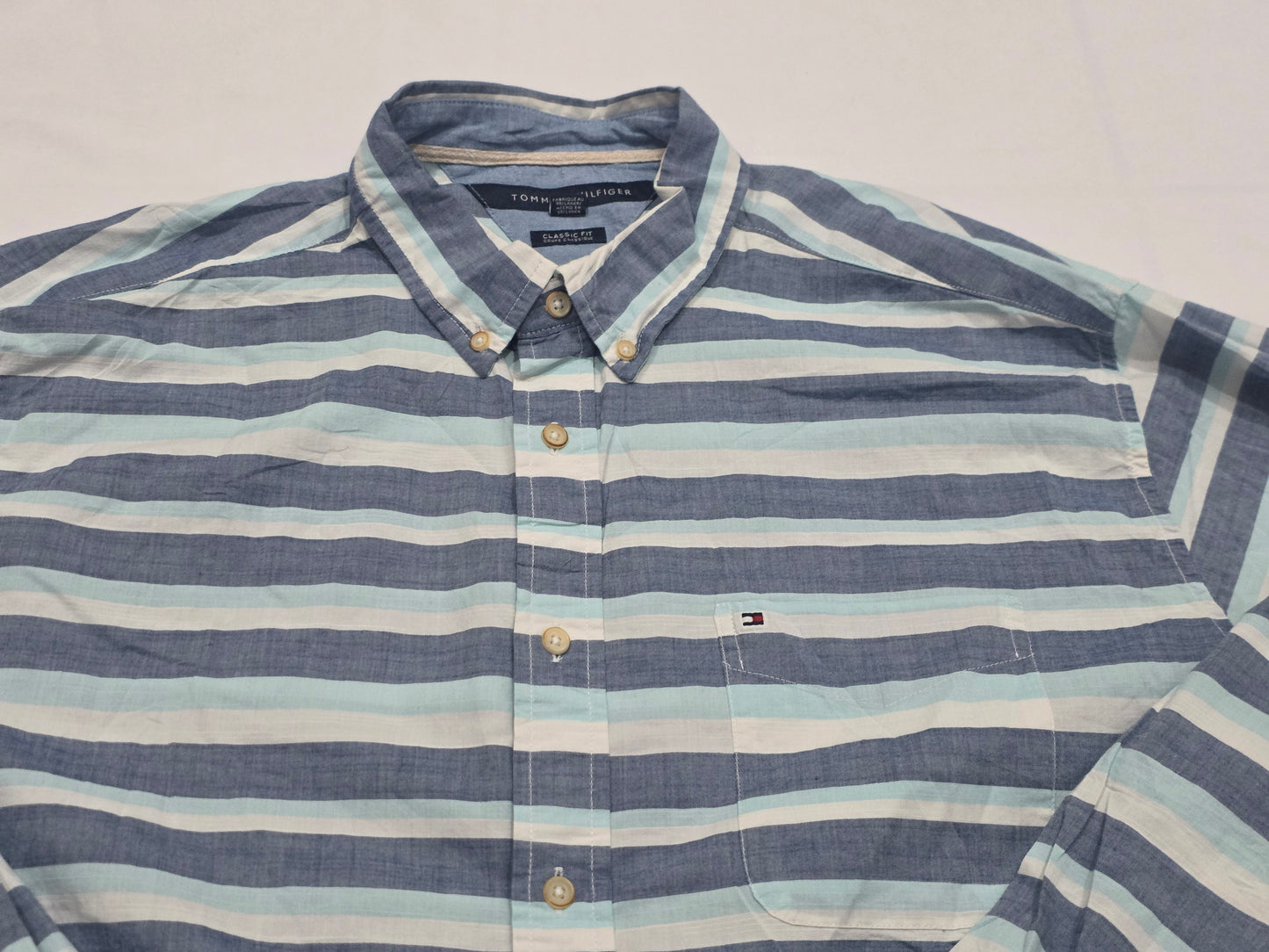 Camisa Tommy Hilfiger Xgrande Xl Azul Y Blanco Lineas