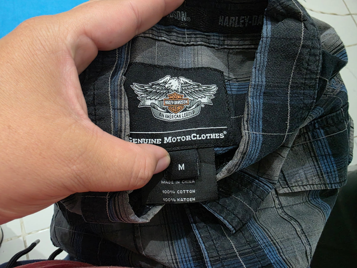 Camisa Harley Davidson Mediana M Gris Negro Y Azul Cuadro (Usado)