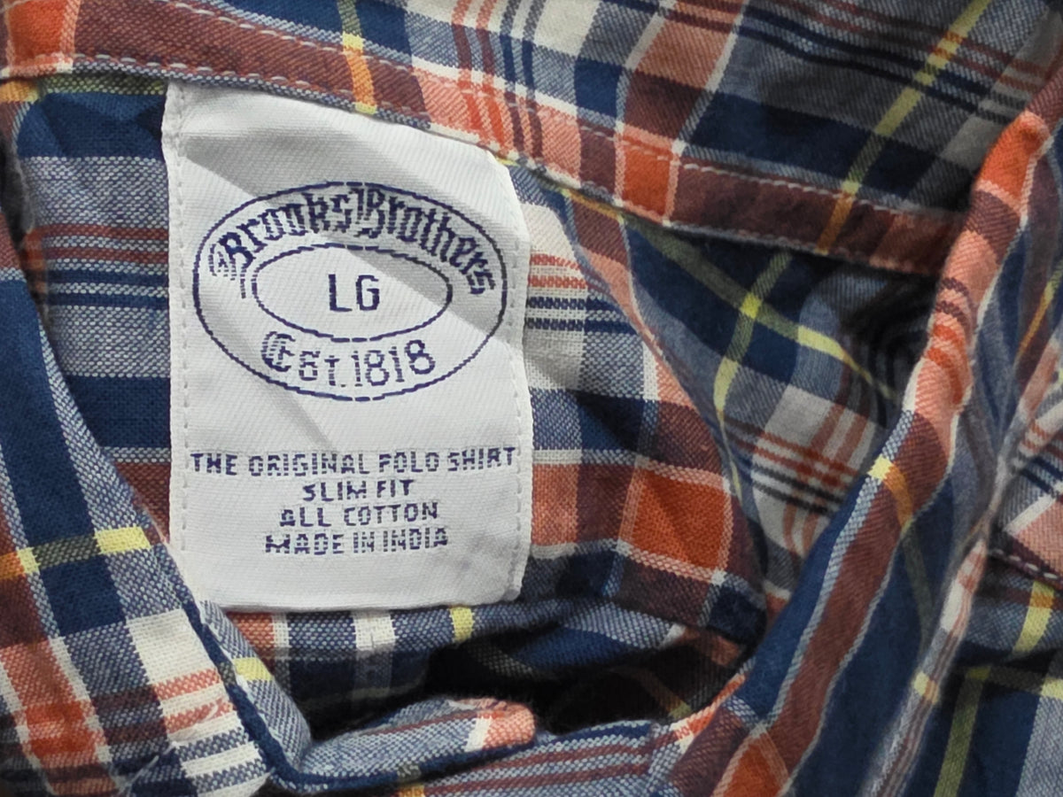 Camisa Brooks Brothers Grande L Slimfit Cuadro Azul Naranja (NUEVO)