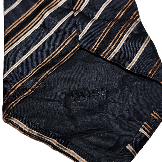 Corbata Hugo Boss Negro Lineas Café Seda