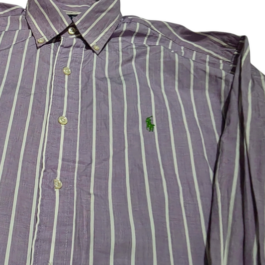 Camisa Ralph Lauren Mediana M 15 1/2 Lila Lineas Pony Verde