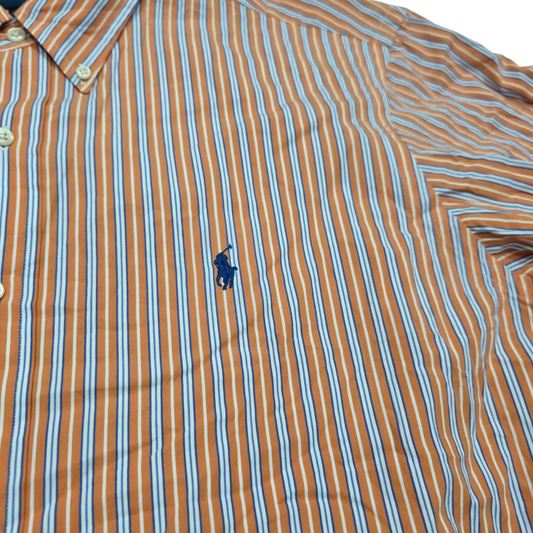 Camisa Ralph Lauren 2xl Custom Fit Lineas Naranja Pony Azul