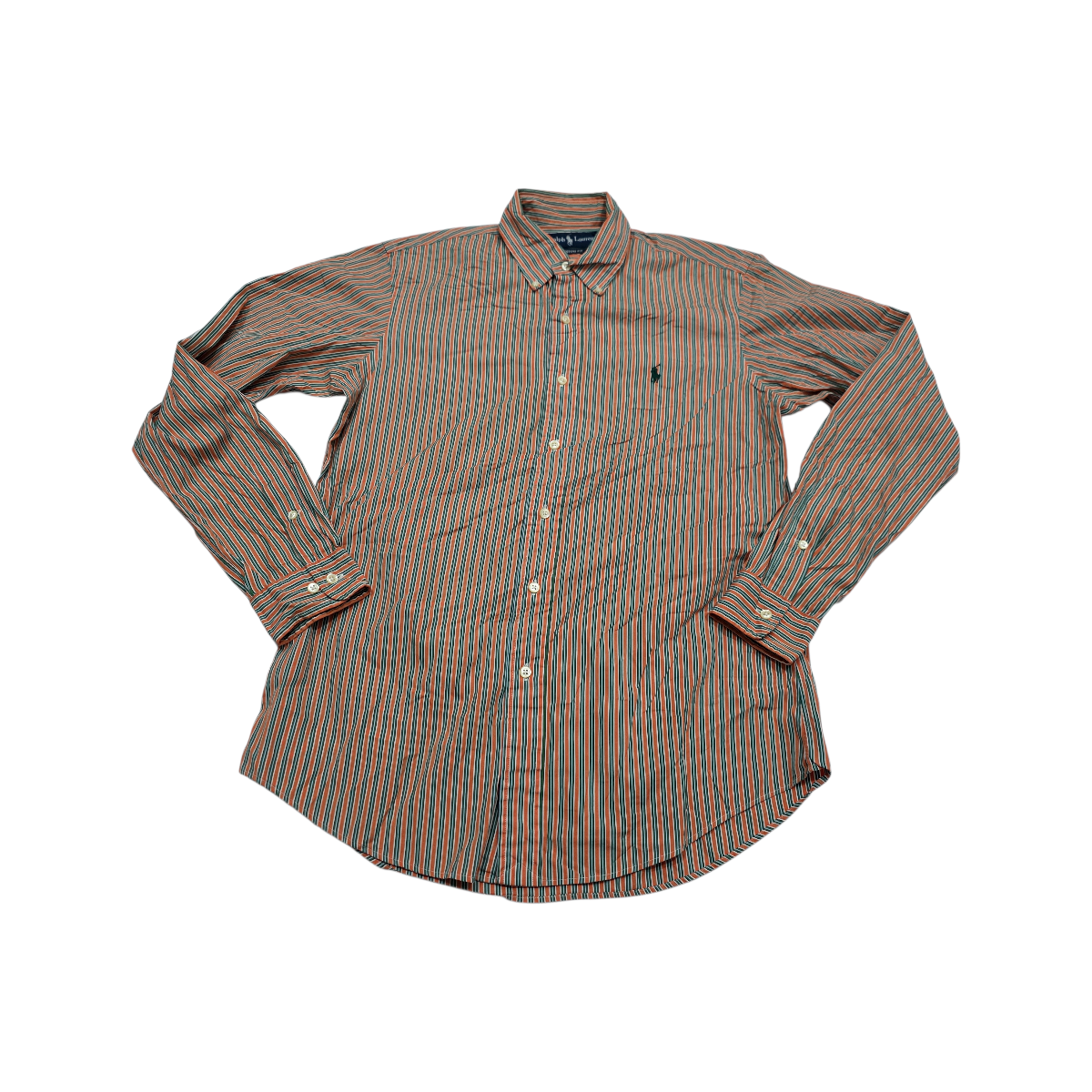 Camisa Ralph Lauren Mediana Custom Fit Linea Verde Y Naranja