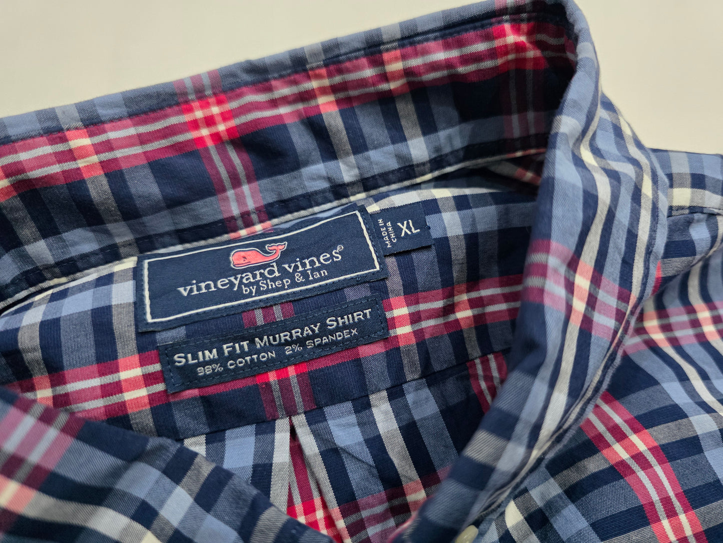 Camisa Vineyard Vines Xgrande Xl Slimfit Cuadro Azul Y Rosa