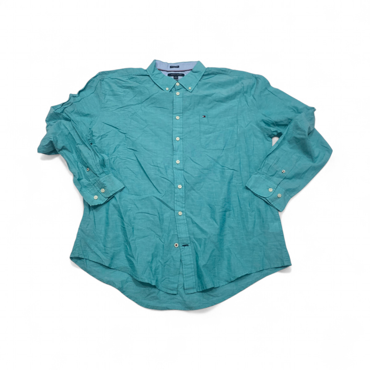 Camisa Tommy Hilfiger 2xl Custom Fit Lino Turquesa (Usado)
