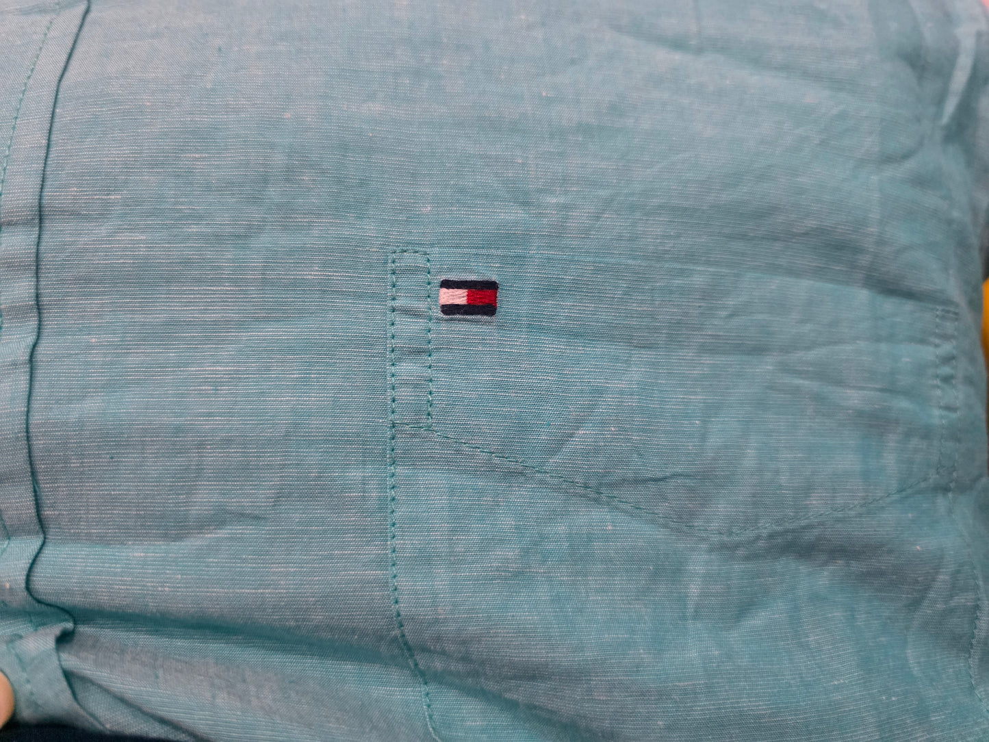 Camisa Tommy Hilfiger 2xl Custom Fit Lino Turquesa (Usado)