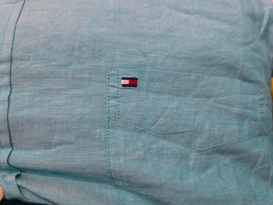Camisa Tommy Hilfiger 2xl Custom Fit Lino Turquesa (Usado)