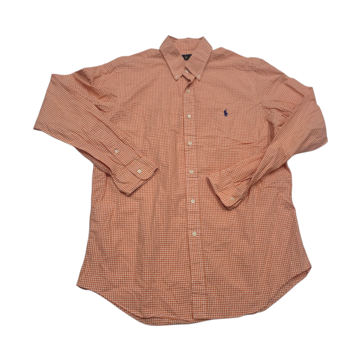 Camisa Ralphlauren Grande Cuadro Naranja Y Blanco Pony Azul