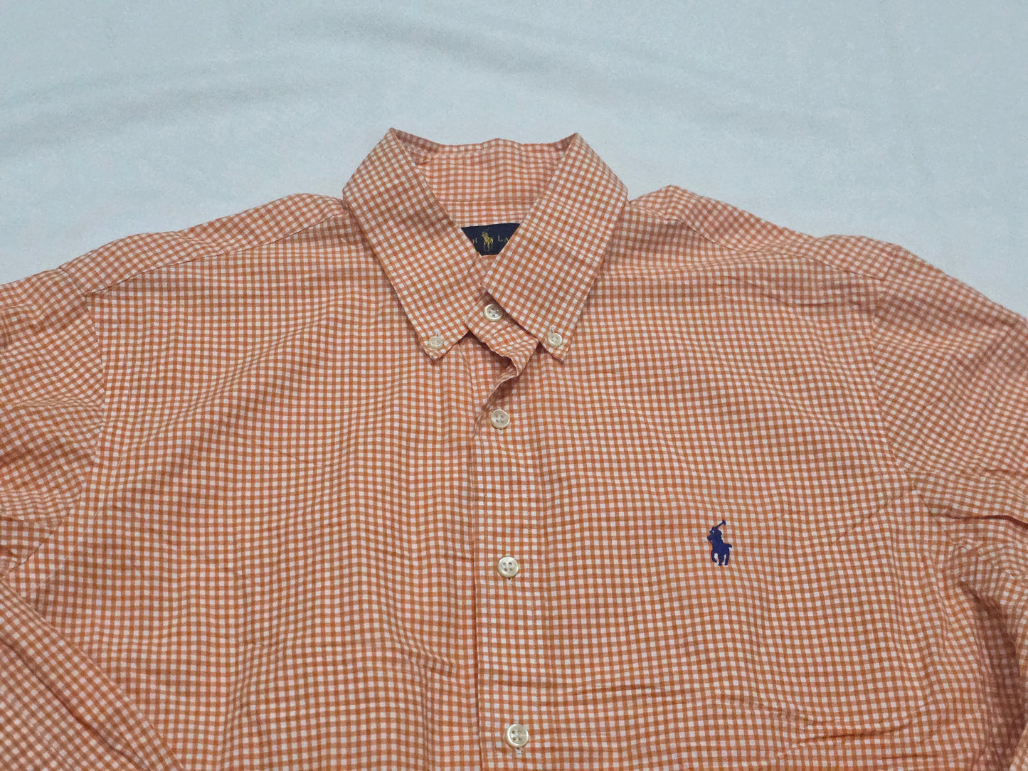 Camisa Ralphlauren Grande Cuadro Naranja Y Blanco Pony Azul