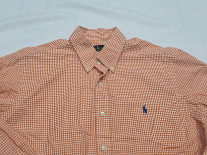Camisa Ralphlauren Grande Cuadro Naranja Y Blanco Pony Azul