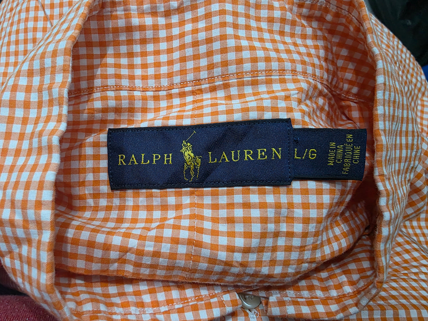 Camisa Ralphlauren Grande Cuadro Naranja Y Blanco Pony Azul