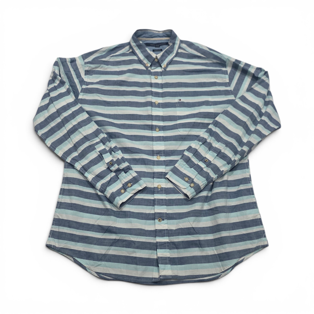 Camisa Tommy Hilfiger Xgrande Xl Azul Y Blanco Lineas