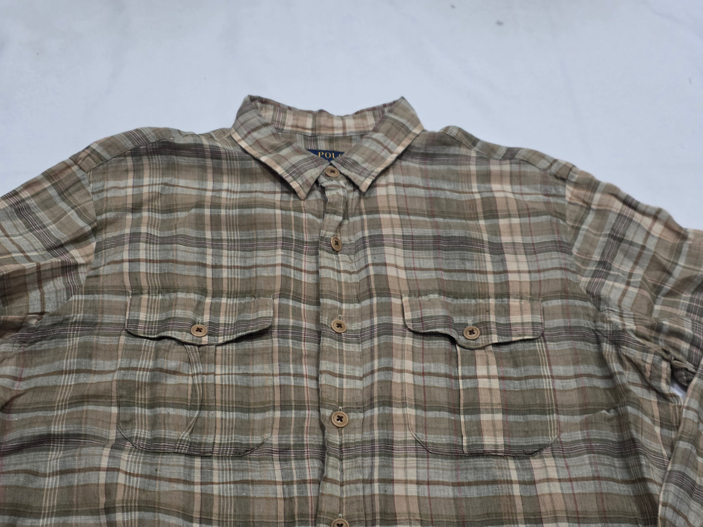 Camisa Ralph Lauren Grande L Cuadro Cafe Lino
