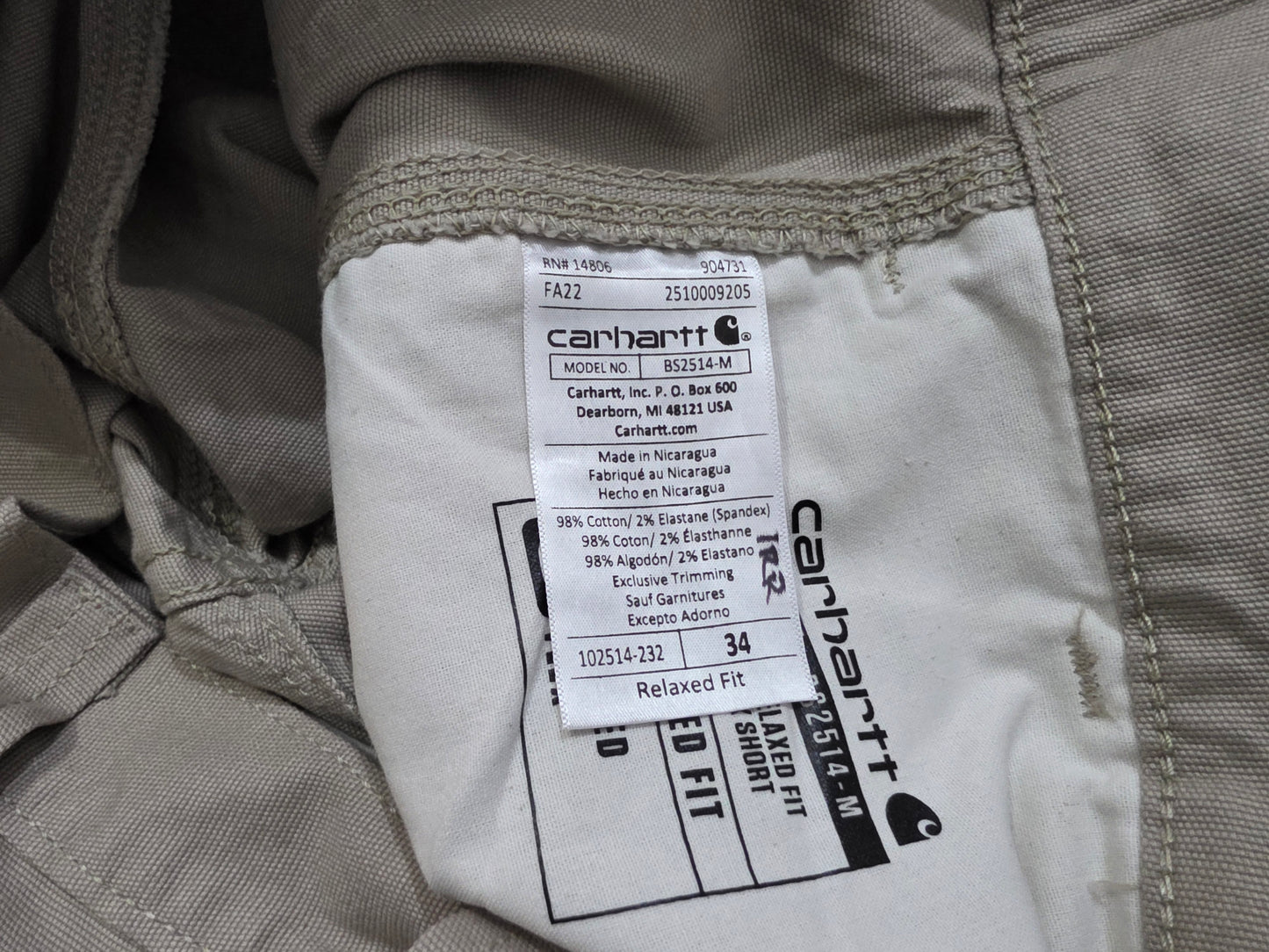 Bermuda Carhartt Talla 34 Relaxed Fit Cafe