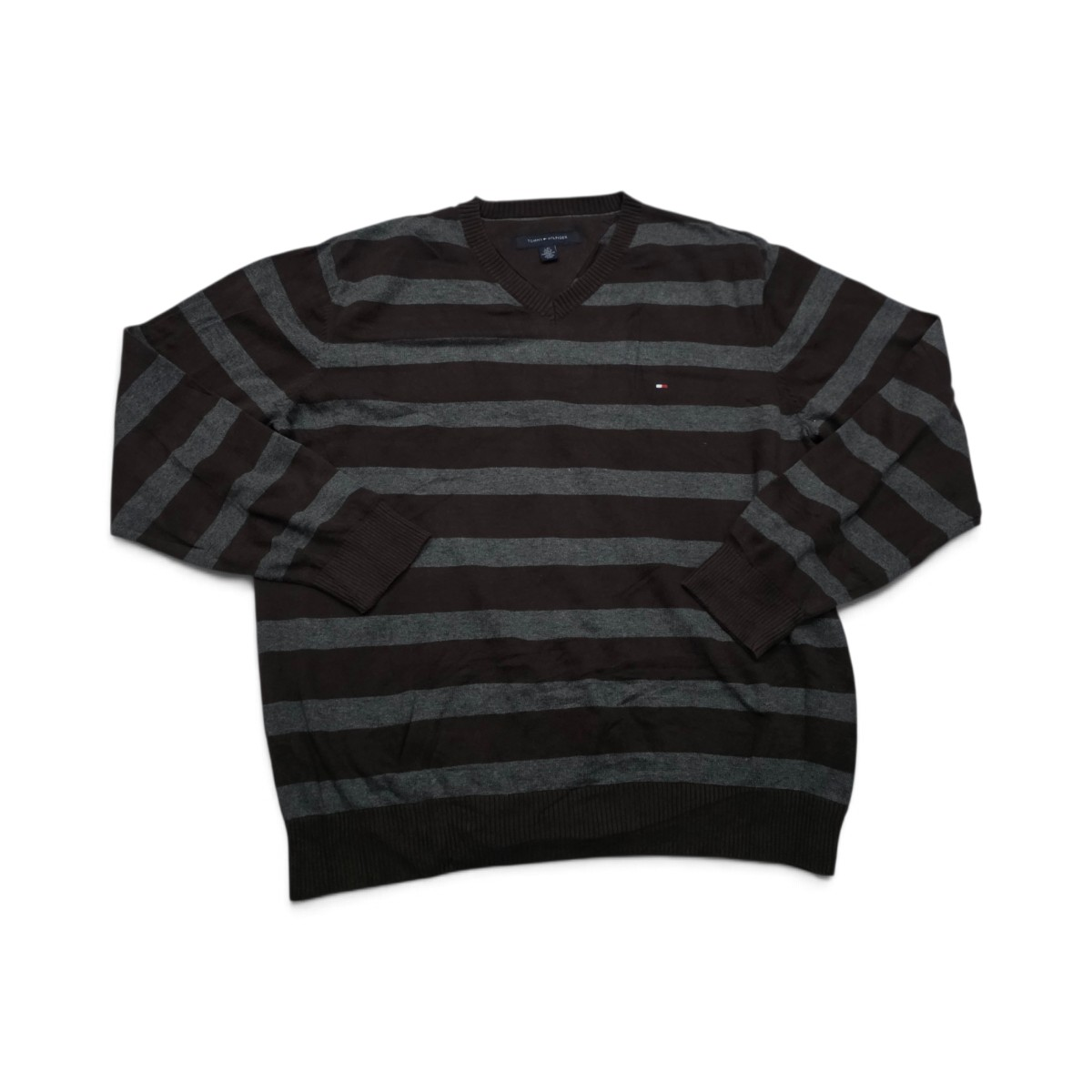 Sueter Tommy Hilfiger Grande L Cafe Y Gris Lineas (Usado)