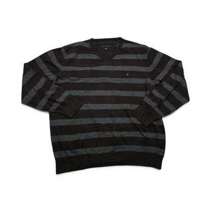 Sueter Tommy Hilfiger Grande L Cafe Y Gris Lineas (Usado)