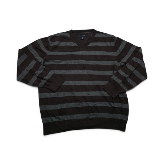 Sueter Tommy Hilfiger Grande L Cafe Y Gris Lineas (Usado)