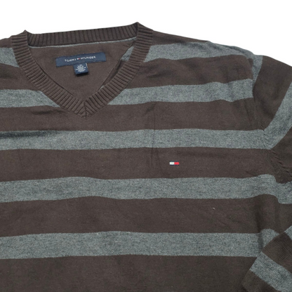 Sueter Tommy Hilfiger Grande L Cafe Y Gris Lineas (Usado)