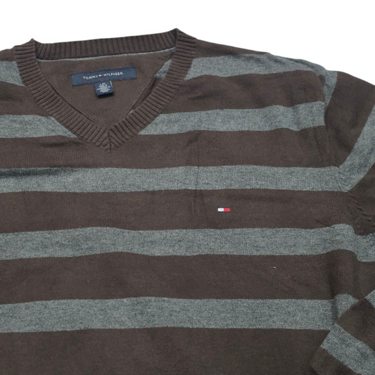 Sueter Tommy Hilfiger Grande L Cafe Y Gris Lineas (Usado)