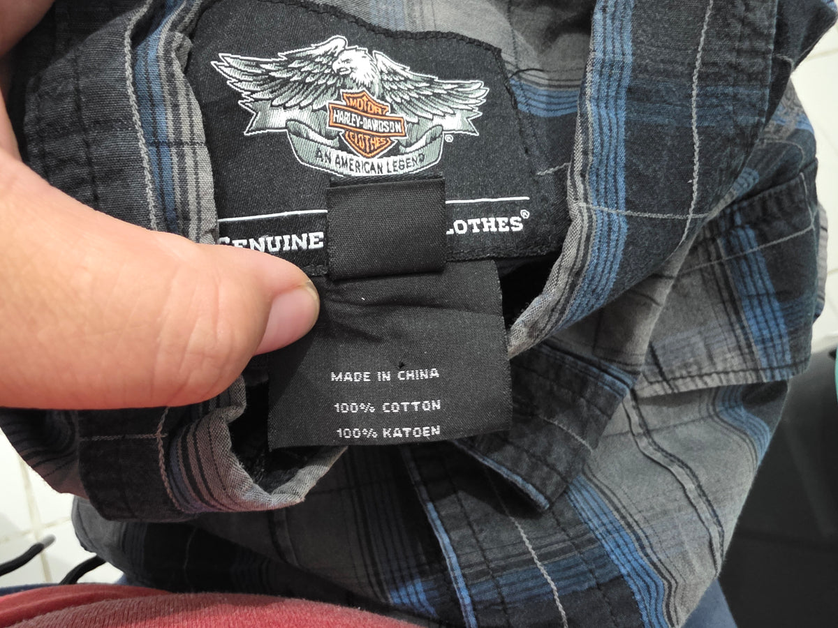 Camisa Harley Davidson Mediana M Gris Negro Y Azul Cuadro (Usado)