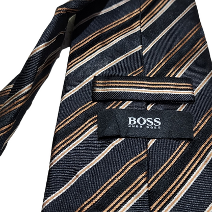 Corbata Hugo Boss Negro Lineas Café Seda