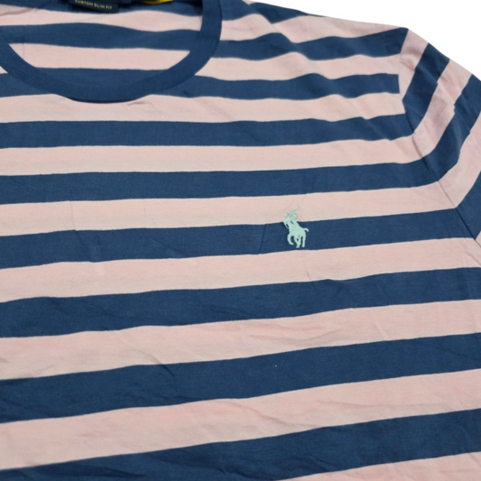 Playera Ralph Lauren Grande Rosa Y Azul Lineas Custom Slim