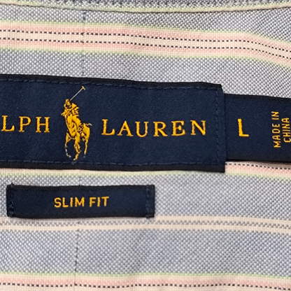 Camisa Ralph Lauren Grande L Azul Claro Lineas Rosa Slimfit